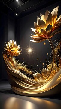 An opulent display of golden lotus flowers, adorned with shimmering gold dust and fluidic drapery, evokes a sense of luxury and spiritual enlightenment in a dark, atmospheric setting.