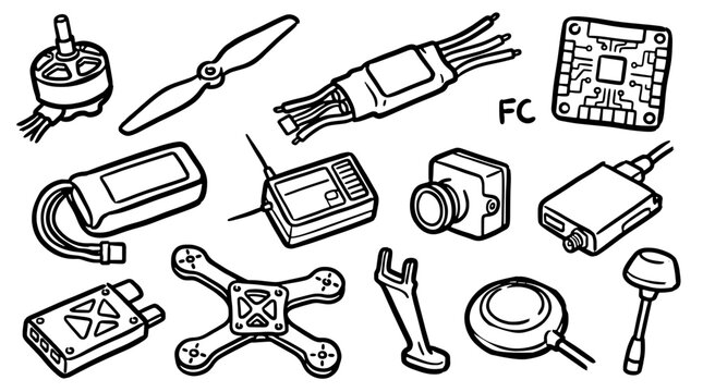 Hand drawn doodle set of fpv drone parts