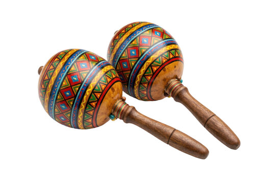 Pair of colorful painted wooden maracas percussion instruments.