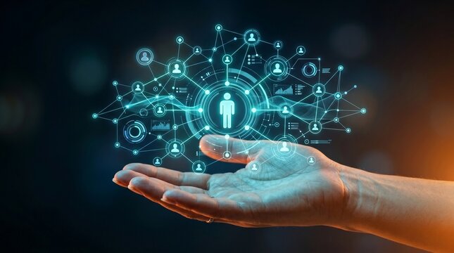 Global digital network on human hand, showcasing futuristic connectivity, talent management, and business innovation concept