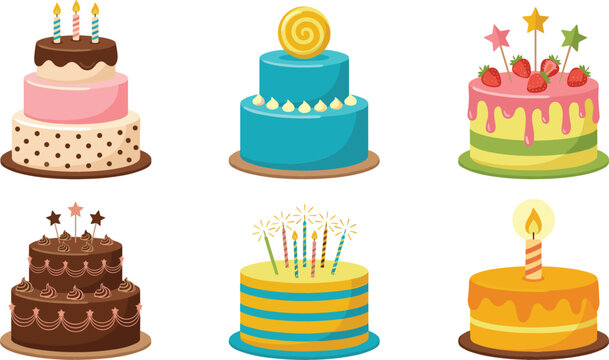 Set of birthday cake icons sweet bakery desserts celebration pastry collection isolated on white background vector illustration