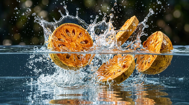 Bael Fruit Slices Splash into Water - Refreshing Tropical Splash Macro Shot