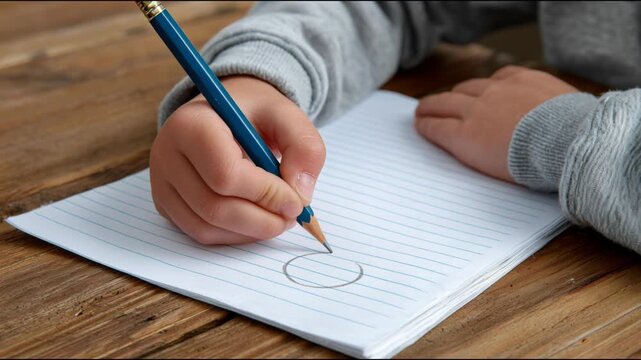 Closeup of a young child's hand holding a pencil and drawing a circle on lined paper