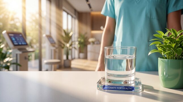 Glass of water and plant on table with medical staff with coaster beside green health text coaster refreshing