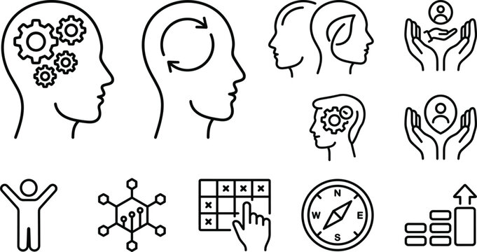 Mental health and personal growth vector icon set with mind gears logic nature leaf tech compass and hands protecting users