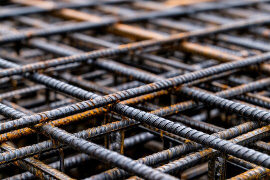 Close view of metal rods arranged in a grid pattern at a construction site during daytime