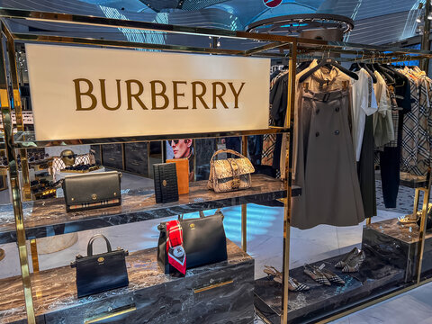 Burberry brand counter in Istanbul Airport, Turkey. Burberry Group plc is a British luxury fashion house.