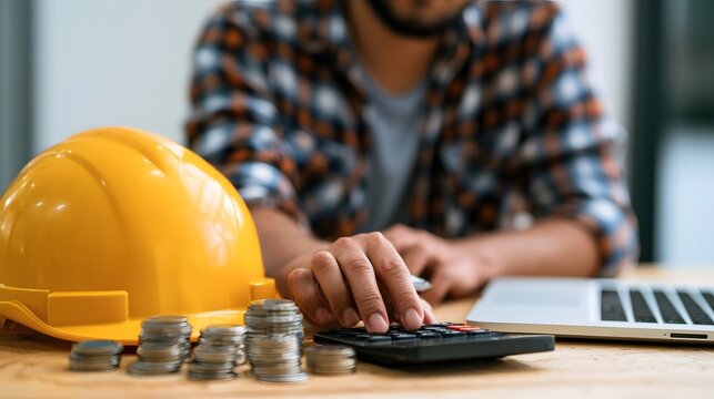 A person using a calculator next to coins and a yellow hard hat on a wooden desk for budgeting or financial planning