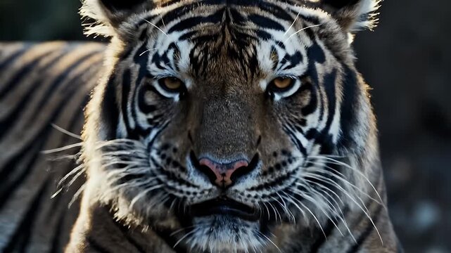 Intense close-up of a Bengal tiger's face with piercing blue eyes and striped fur
