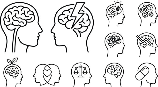 Mental health vector icon set with psychology symbols brain storm headache tangle stress confusion medicine and empathy concepts