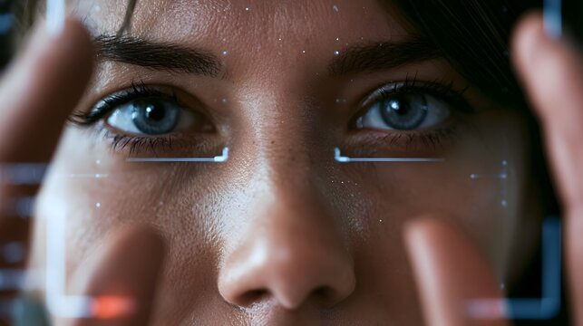 Close up of a person s face with digital overlay elements around their eyes and forehead  showing biometric scanning interface