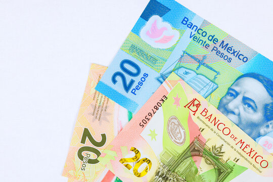 Variety of Mexican currency, including 20 pesos MXN banknotes bills issued Central Bank Mexico