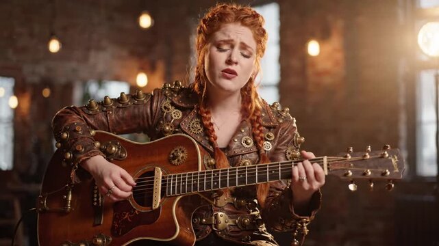 Steampunk musician plays acoustic guitar in a rustic brick studio with warm lighting.
