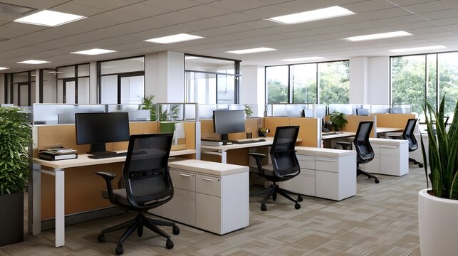 Modern office interior featuring ergonomic chairs  computer workstations  and potted plants under bright ceiling lights