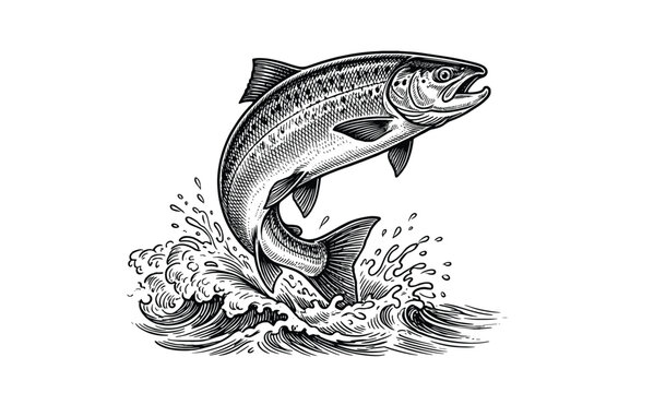 salmon jumping out of water vintage retro line engrave style vector. salmon fish vintage retro line engrave style vector. salmon fish vintage retro line engrave style vector isolated black and white