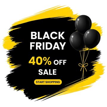 Black Friday sale banner with 40 percent discount offer. Bold retail promotion graphic for e-commerce and print advertising.