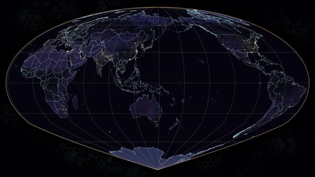 Sinu Mollweide world map projection. Earth rotates eastward. Glowing city lights, borders, and graticule. Animated hexagonal background. Seamless loop. 4K resolution. Night view.