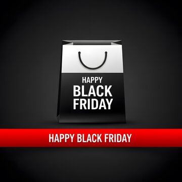 Black Friday shopping sale banner with gift bag icon. Holiday retail promotion graphic for e-commerce and advertising campaigns.