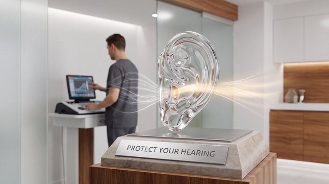 Transparent ear sculpture displaying hearing protection concept inside modern medical clinic with plaque reading protect