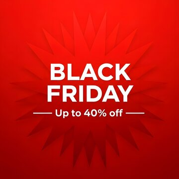 Black Friday sale banner with bold discount offer. Vibrant red background featuring up to 40 percent off promotion for retail shopping event.