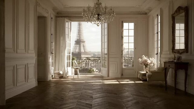 Paris, France, Europe. A detailed, highresolution photograph of an opulent room with a panoramic view of the Eiffel Tower. The room features classical architectural elements.