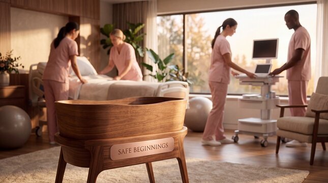 Medical professionals working in modern birthing suite with wooden bassinet in warm golden hour light