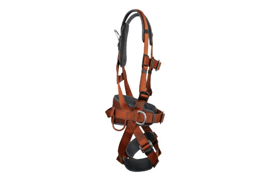 Safety fall protection harness with orange straps.