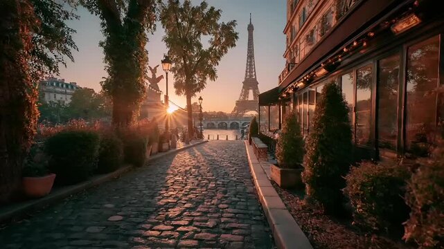 Paris, France, Europe. A vivid portrayal of a serene Parisian street scene at sunset. The main subject is a cobblestone path lined with potted plants and trees.