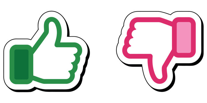 Green thumbs up and pink thumbs down sticker icons isolated on a clean white background design.