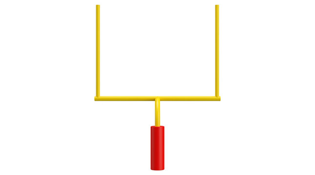 American football goal post on white background, yellow metal field goal uprights with red base, professional sports equipment for stadium scoring