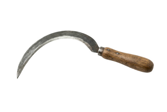 Traditional handheld sickle for harvesting and grass cutting.