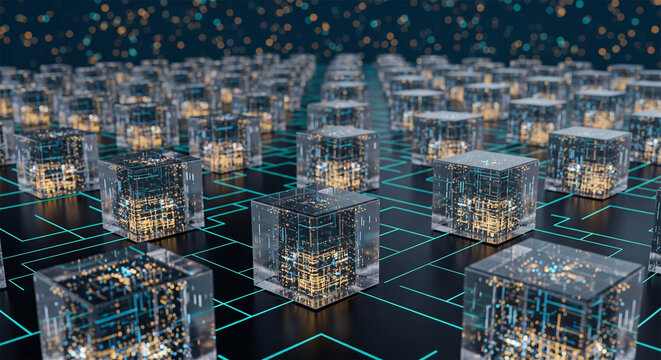 Quantum computer processors, futuristic microchip cubes on circuit board, digital data network