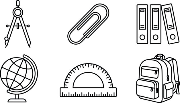 School supplies vector icon set with backpack globe compass protractor paperclip and binders for education line art design