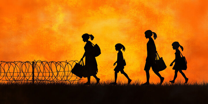 Families walking toward a hopeful future against a vibrant sunset backdrop in a challenging environment