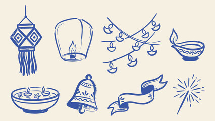 Diwali festival hand drawn vector icon set with diya oil lamp sky lantern temple bell and sparkler in blue ink style © Sahabat