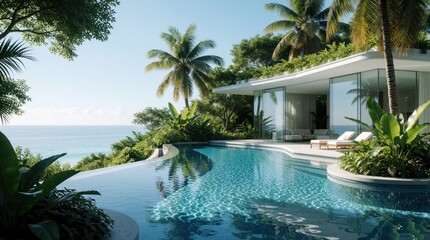 Fototapeta premium Modern villa with infinity pool overlooks ocean at tropical resort. White building features glass walls surrounded by rich palm trees, plants. Peaceful terrace area offers relaxation with sun
