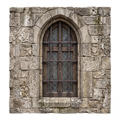 Obraz premium Isolated gothic stone window with wooden bars and diamond glass Short description: Realistic arched gothic stone window featuring wooden crossbars, diamond-patterned glass and weathered stone wall. Pe