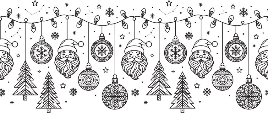 Christmas seamless border with Santa Claus faces pine trees and decorative baubles in black and white line art