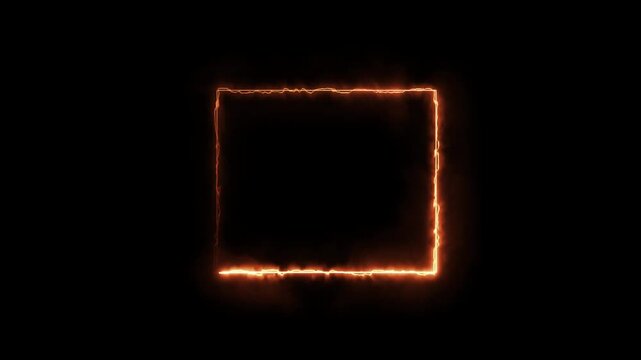 Neon glowing square frame animation with orange burning electrical energy lines moving fast around rectangular border isolated on black background motion clip.
