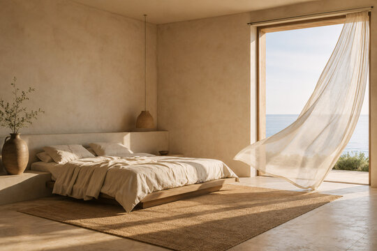 Sunlit Mediterranean Bedroom with Flowing Curtain and Ocean View