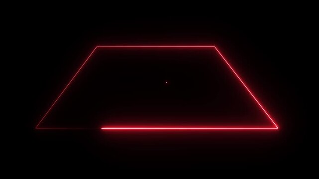 Animated glowing red neon trapezoid shape outlines movement and transition on black background with central dot and soft glow effect.