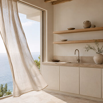 Minimal Mediterranean Kitchen with Open Shelves and Ocean View