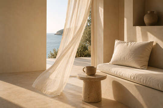 Breezy Coastal Living Room with Sheer Curtains and Sea View