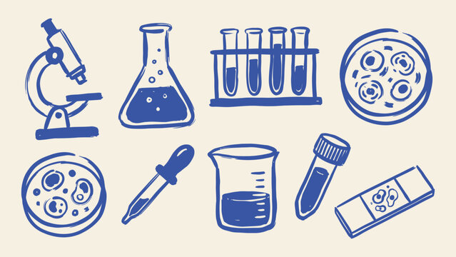 Hand drawn science laboratory equipment vector icons set featuring microscope flask test tubes beaker and petri dish