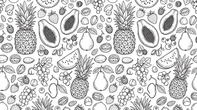 Hand drawn fruit pattern with pineapple papaya watermelon and berries in a black and white sketch style