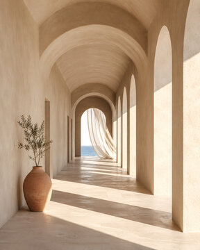 Sunlit Arched Mediterranean Hallway with Ocean View