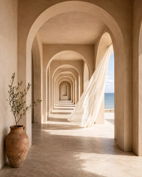 Endless Mediterranean Archway Corridor with Flowing Curtain by the Sea