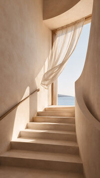 Sunlit Mediterranean Stairway with Flowing White Curtain and Sea View