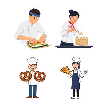 Professional Chefs Preparing Diverse International Cuisine And Baked Culinary Delicacies