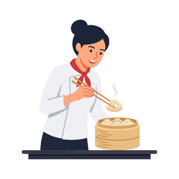 Professional Chef Serving Fresh Steamed Dumplings with Wooden Chopsticks